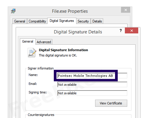 Screenshot of the Pointsec Mobile Technologies AB certificate